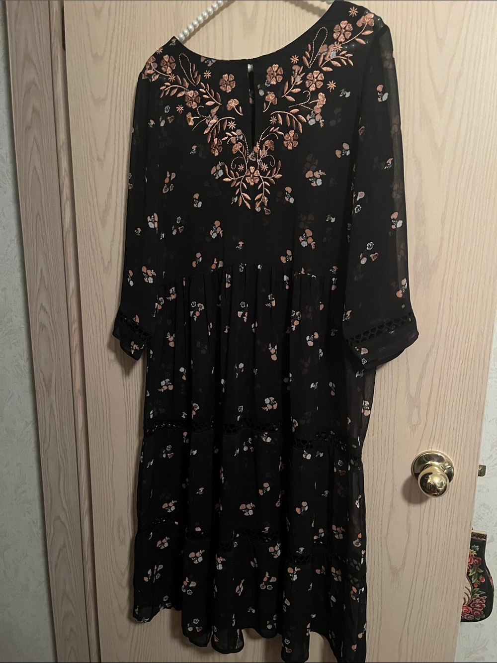 Love & Legend Black Midi Dress with Peach Floral Embroidery